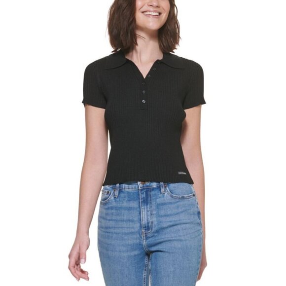 Calvin Klein Jeans Petite Medium Black Ribbed Polo Short Sleeve Shirt NWOT - Picture 1 of 7